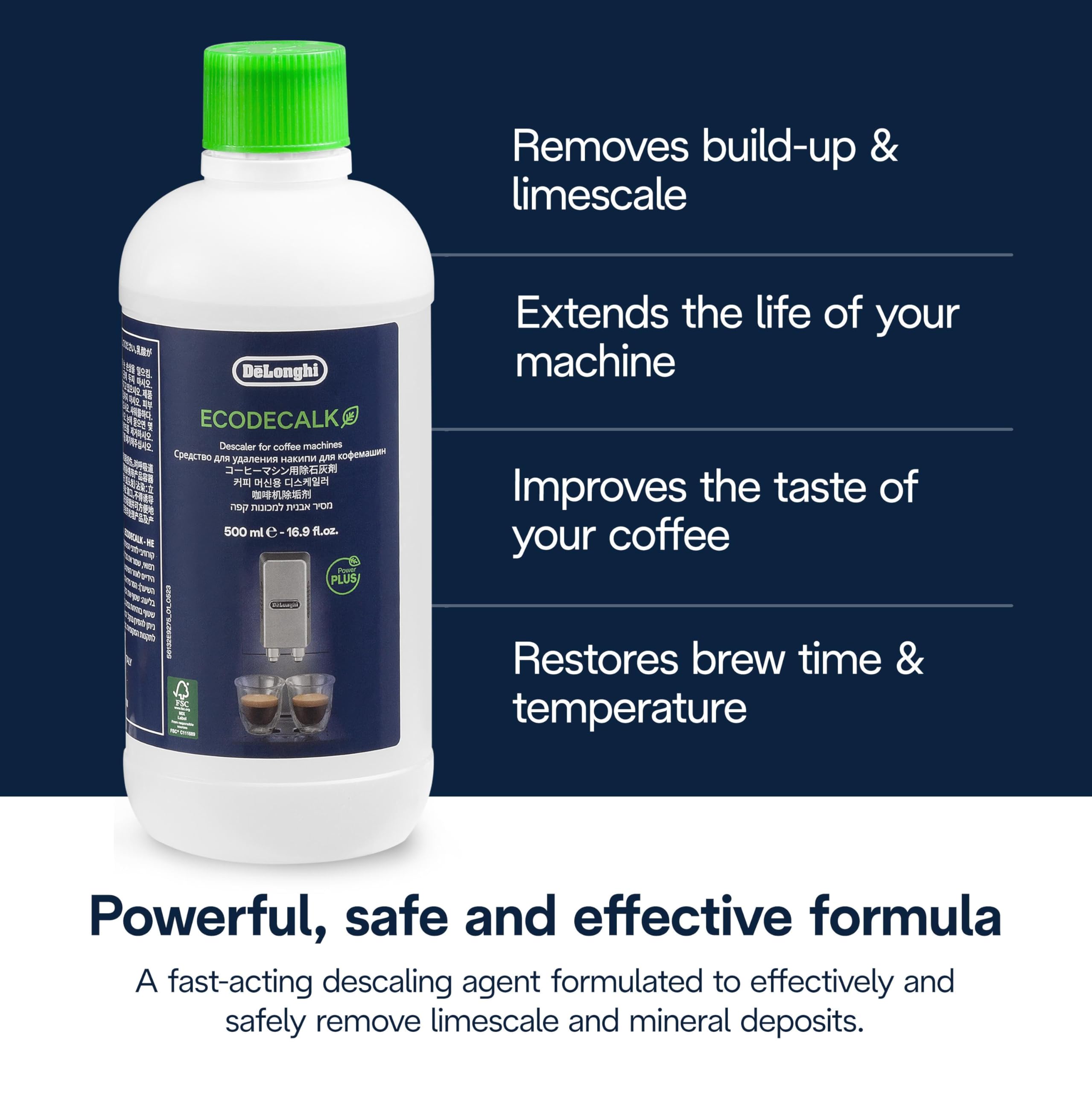 De'Longhi EcoDecalk 2-pack measuring cap demonstrates precise dosing for consistent results.