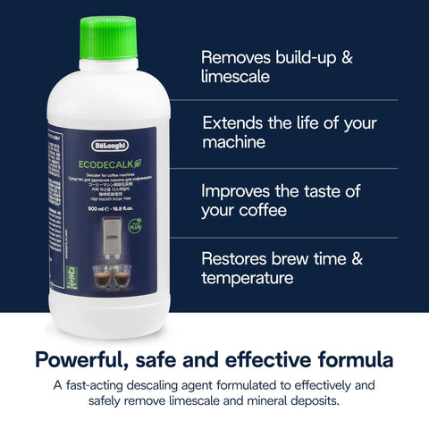 De'Longhi EcoDecalk 2-pack measuring cap demonstrates precise dosing for consistent results.