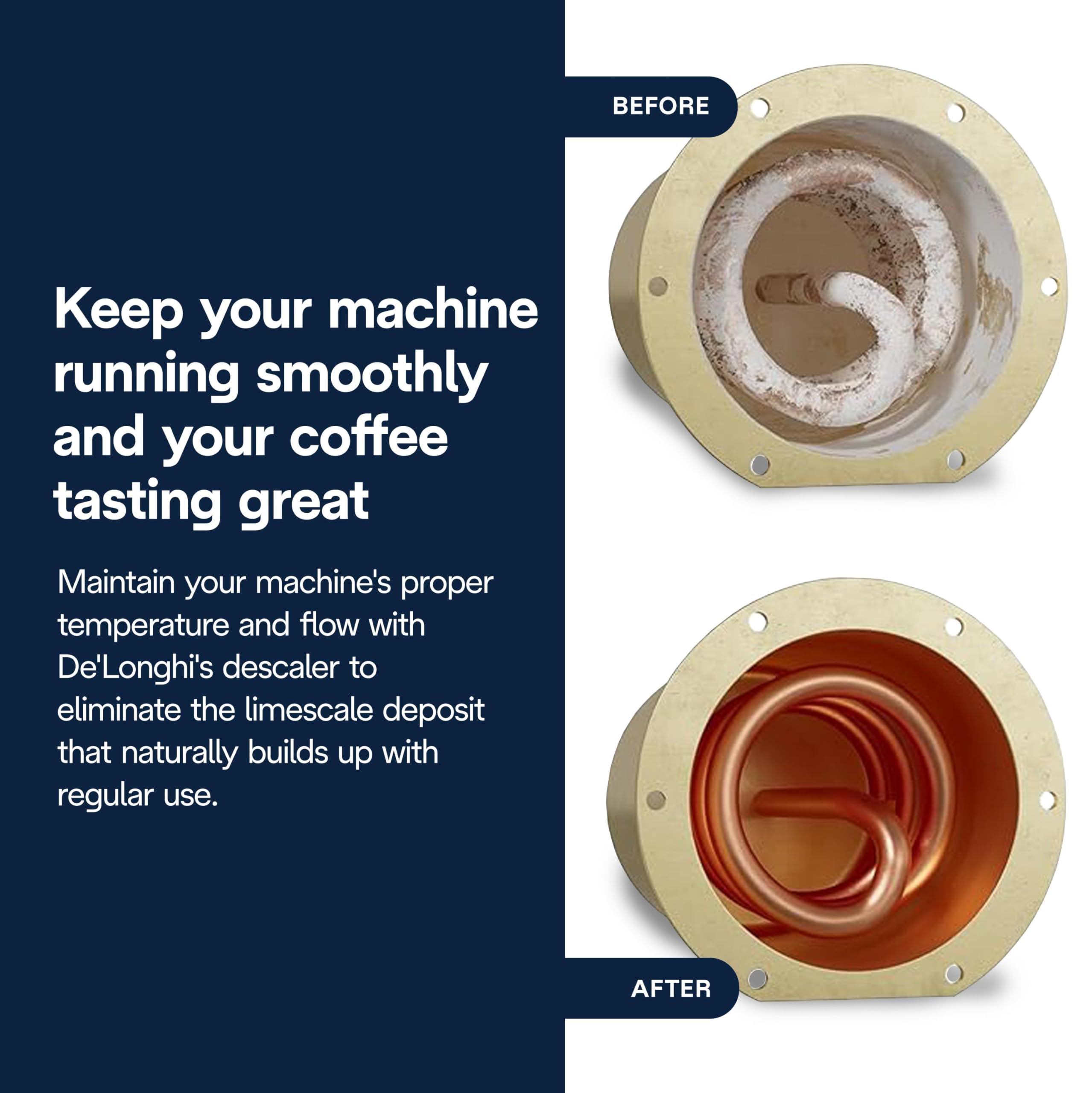 De'Longhi EcoDecalk 2-pack pour highlights easy-to-use descaler for quick sessions.