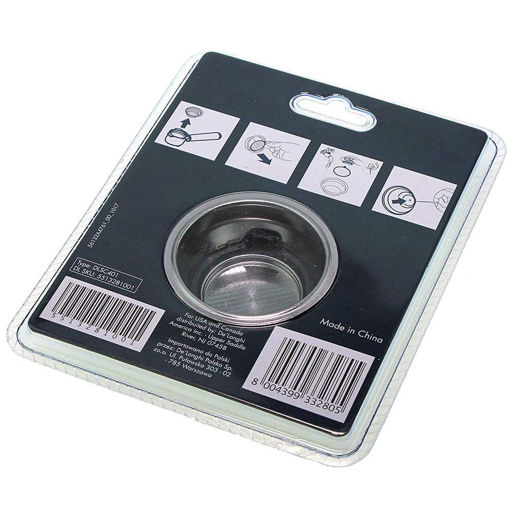 De'Longhi packaging includes 2-cup filter sieve, compact and ready for your machine.