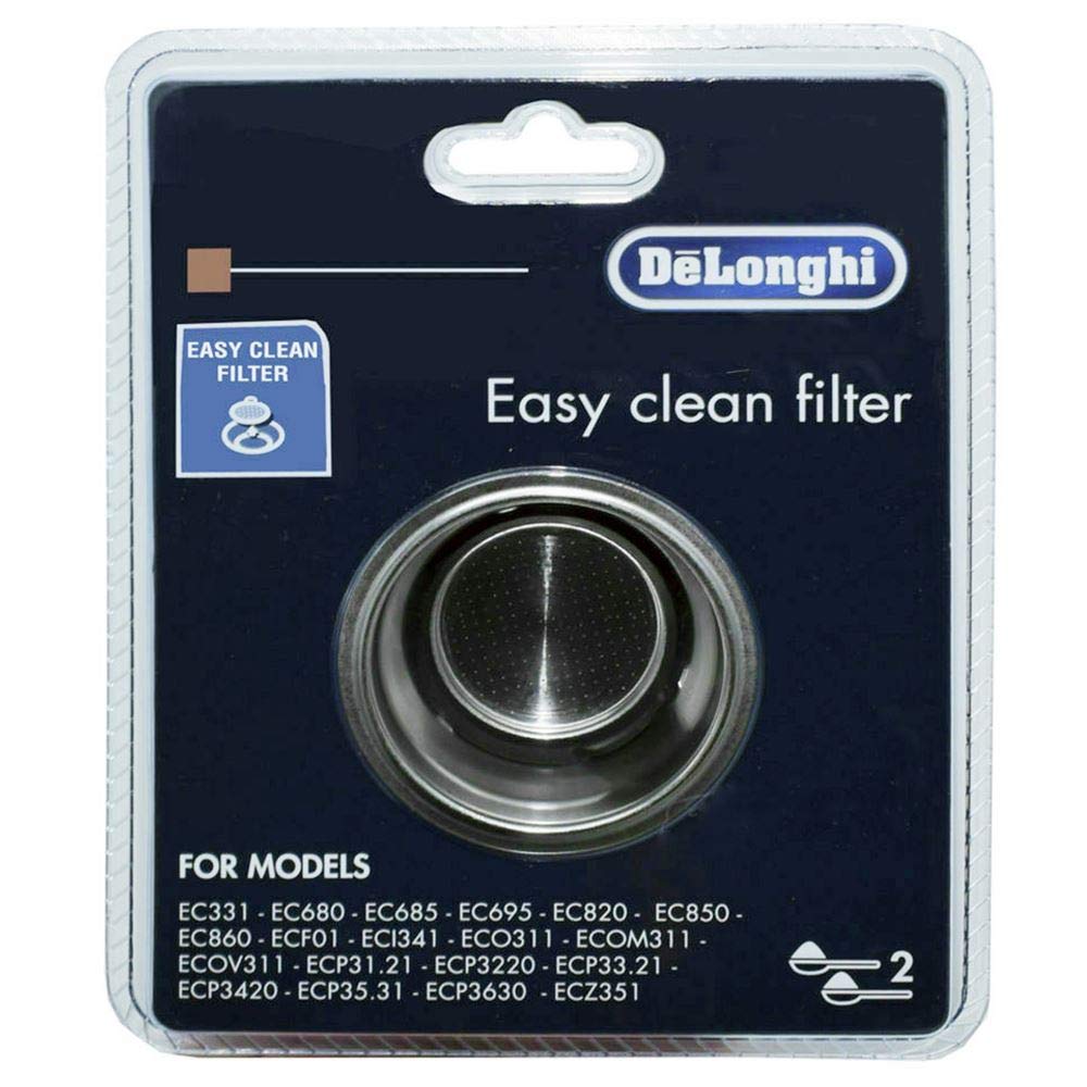 De'Longhi filter holder in use for 2-cup brewing with quick replacement.