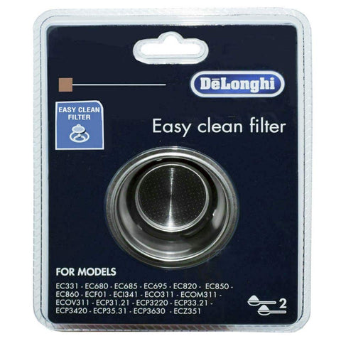 De'Longhi filter holder in use for 2-cup brewing with quick replacement.