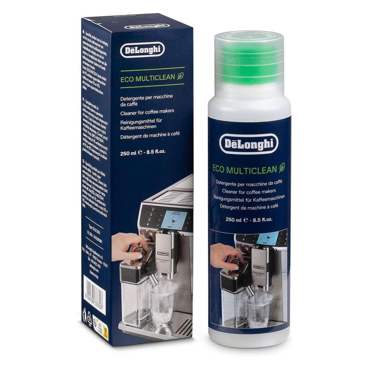 De'Longhi universal espresso cleaner bottle front shows eco-friendly formula for milk residue removal.