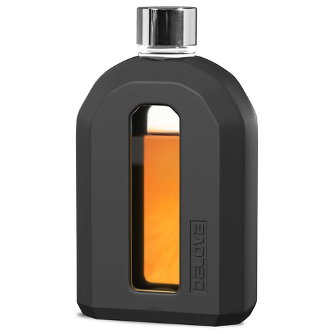 Delove modern glass hip flask with silicone sleeve front view, portable for travel