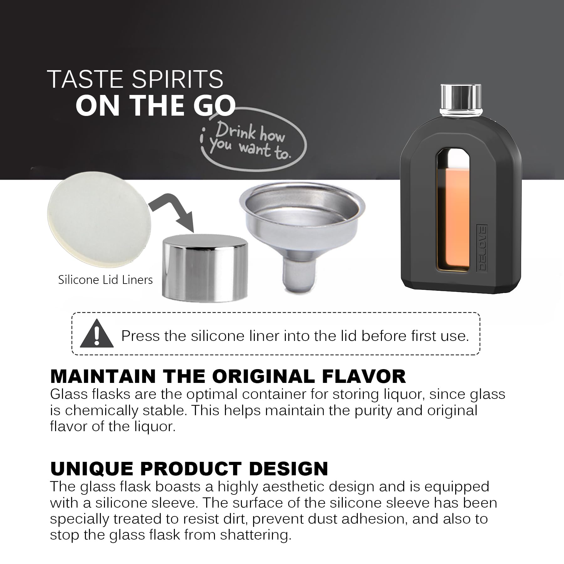 Delove modern glass hip flask with silicone sleeve side view, protective design