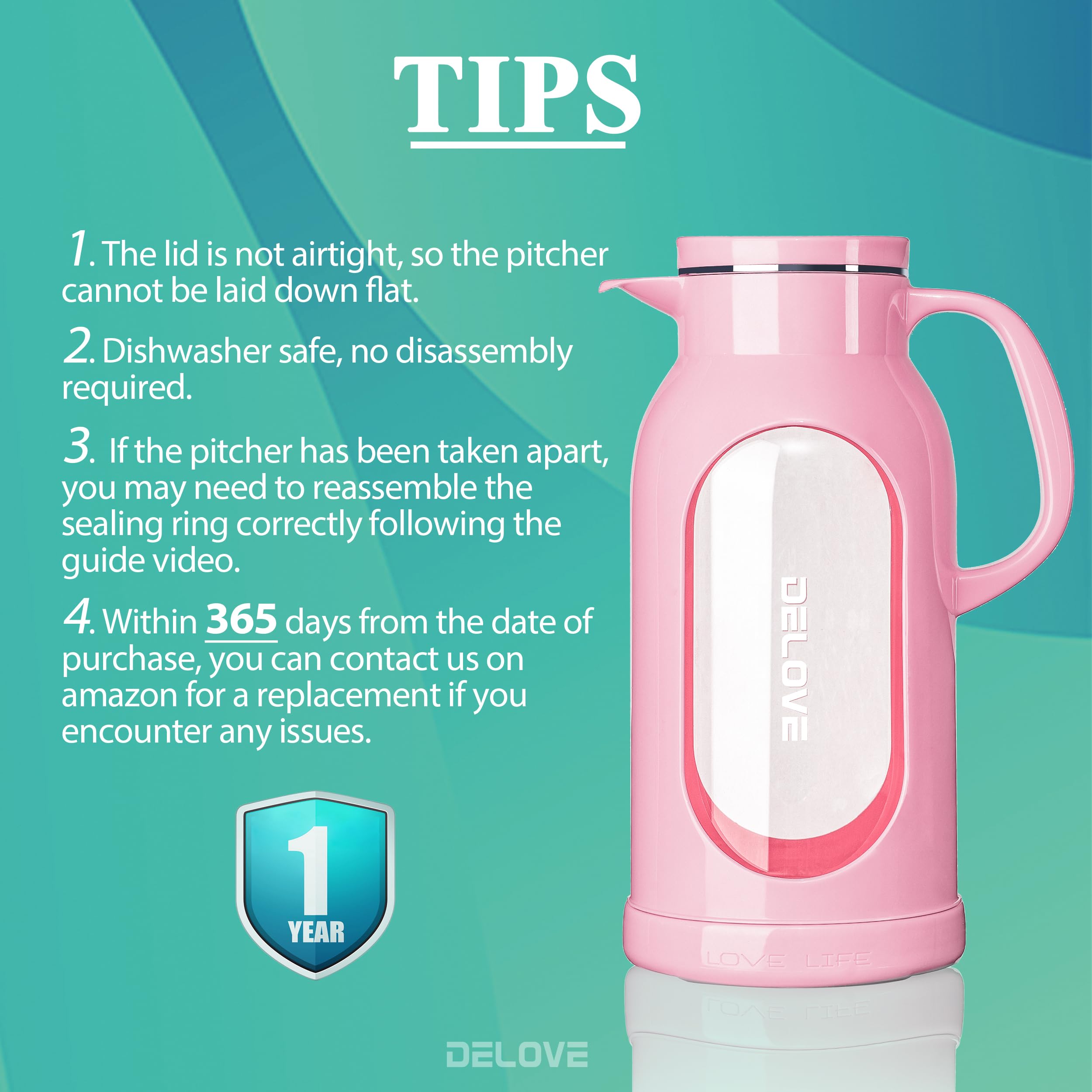 Delove pink pitcher ideal for iced tea and cold beverages.