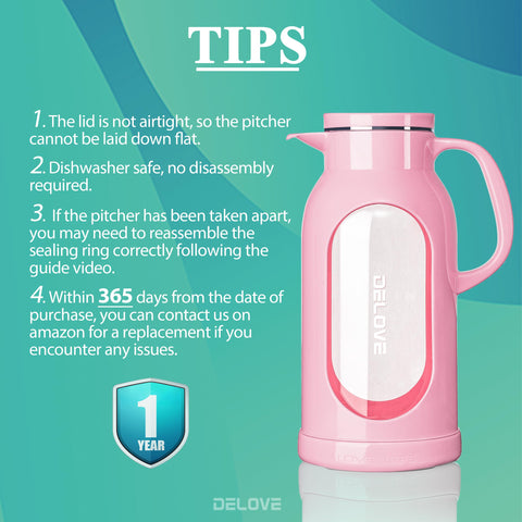 Delove pink pitcher ideal for iced tea and cold beverages.