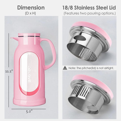 Delove pitcher with borosilicate glass liner resists heat up to 300°F.