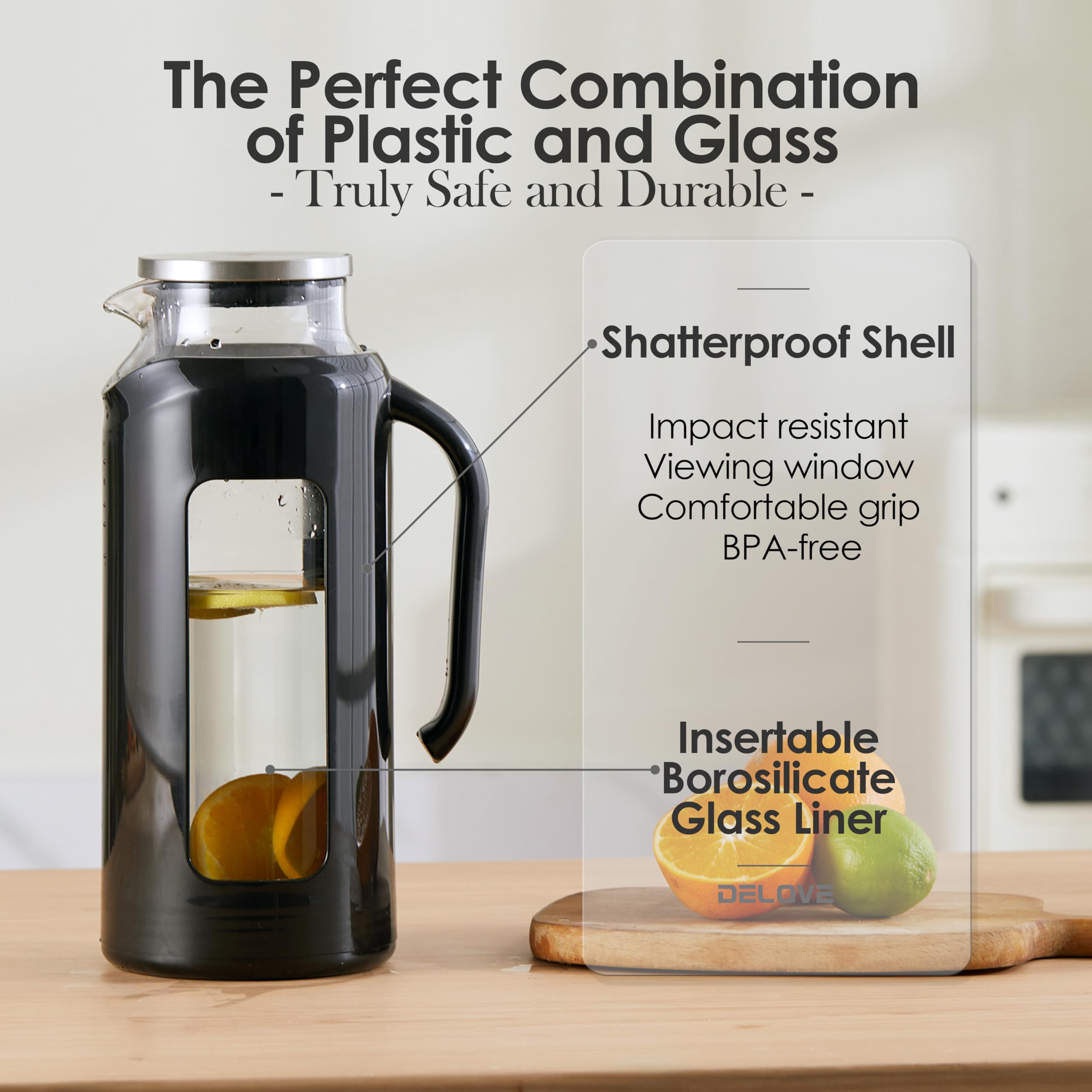 Delove shatterproof shell around the glass preserves safety against countertop bumps.