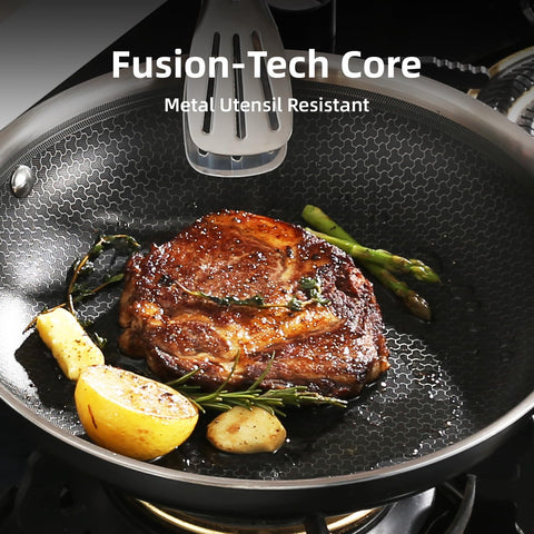 DELUXE fry pan handle close-up highlights stay-cool grip during sautéing
