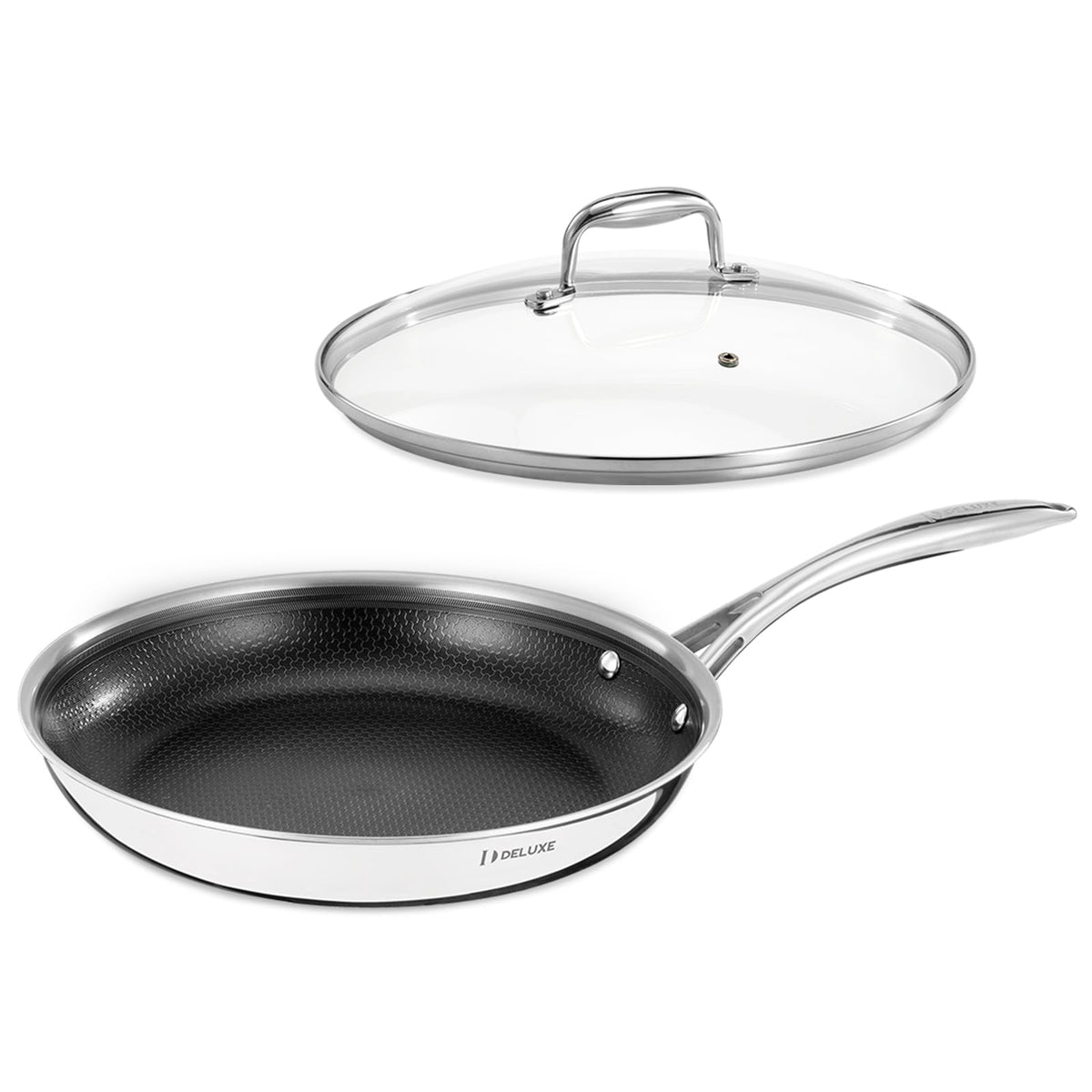 DELUXE 12-inch fry pan top view showing wide surface for versatile meals