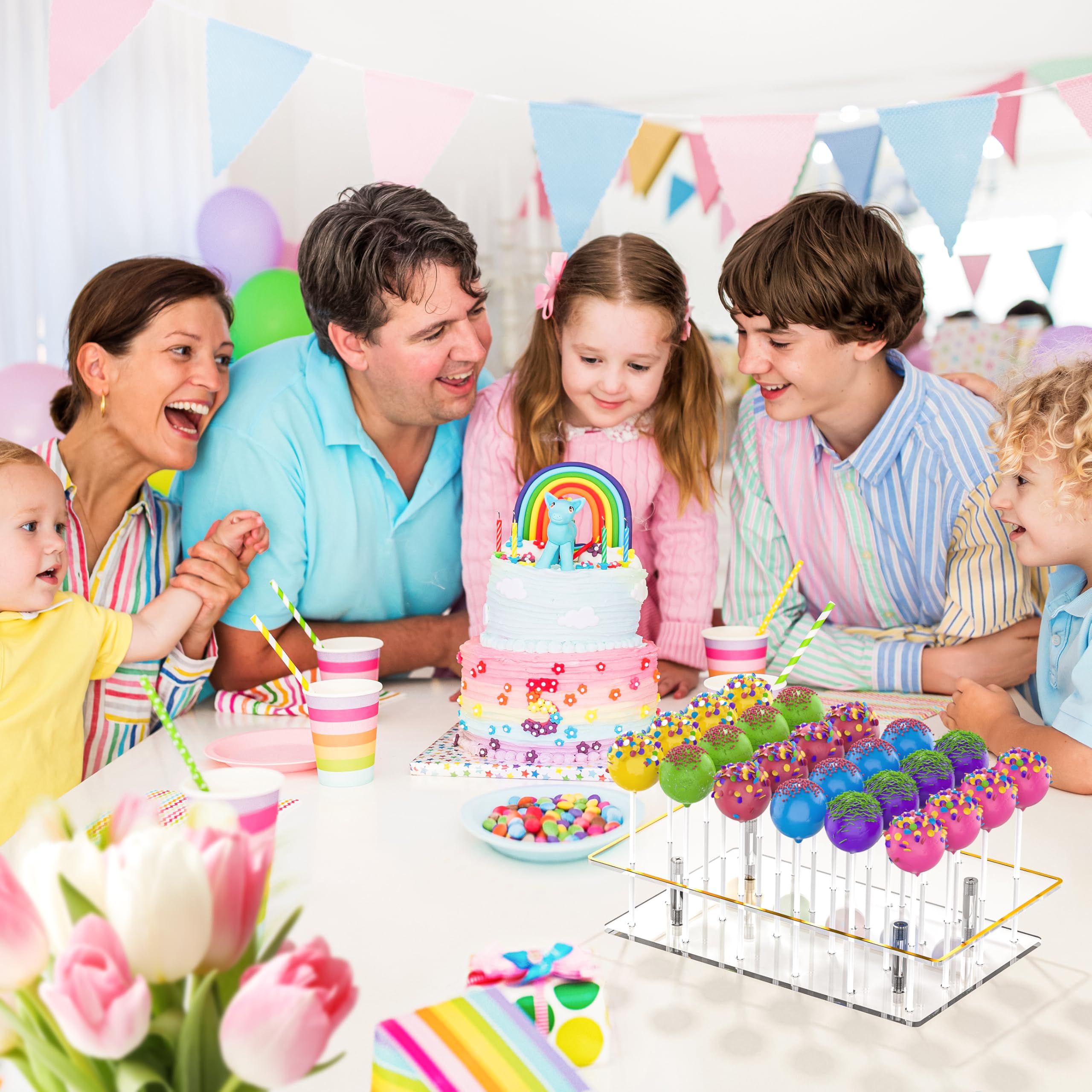 DEMEGA clear acrylic cake pop holder close-up highlights safe edges and wipe-clean convenience