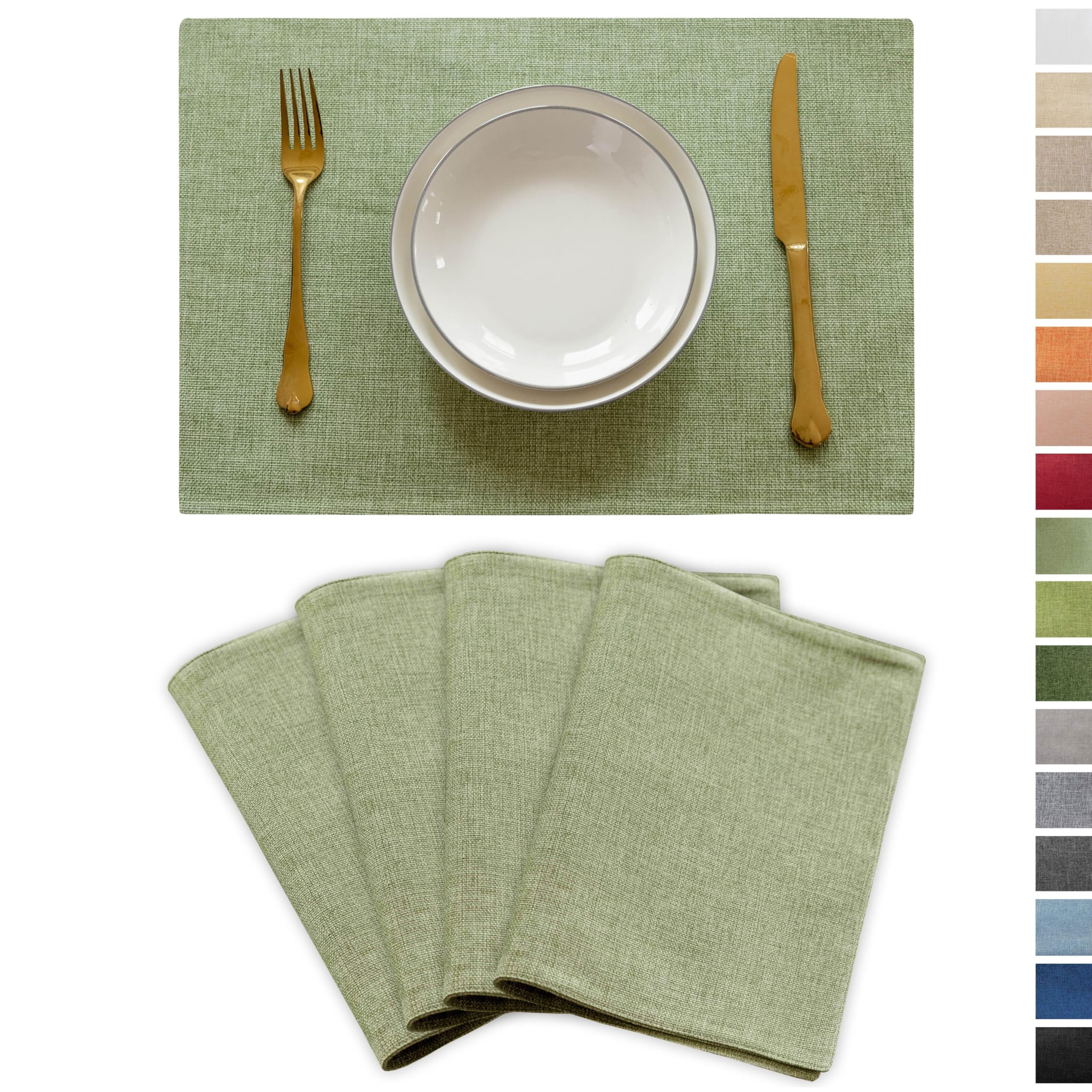Demetex Green placemats set on dining table; durable linen texture protects surfaces.