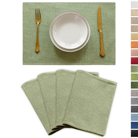 Demetex Green placemats set on dining table; durable linen texture protects surfaces.