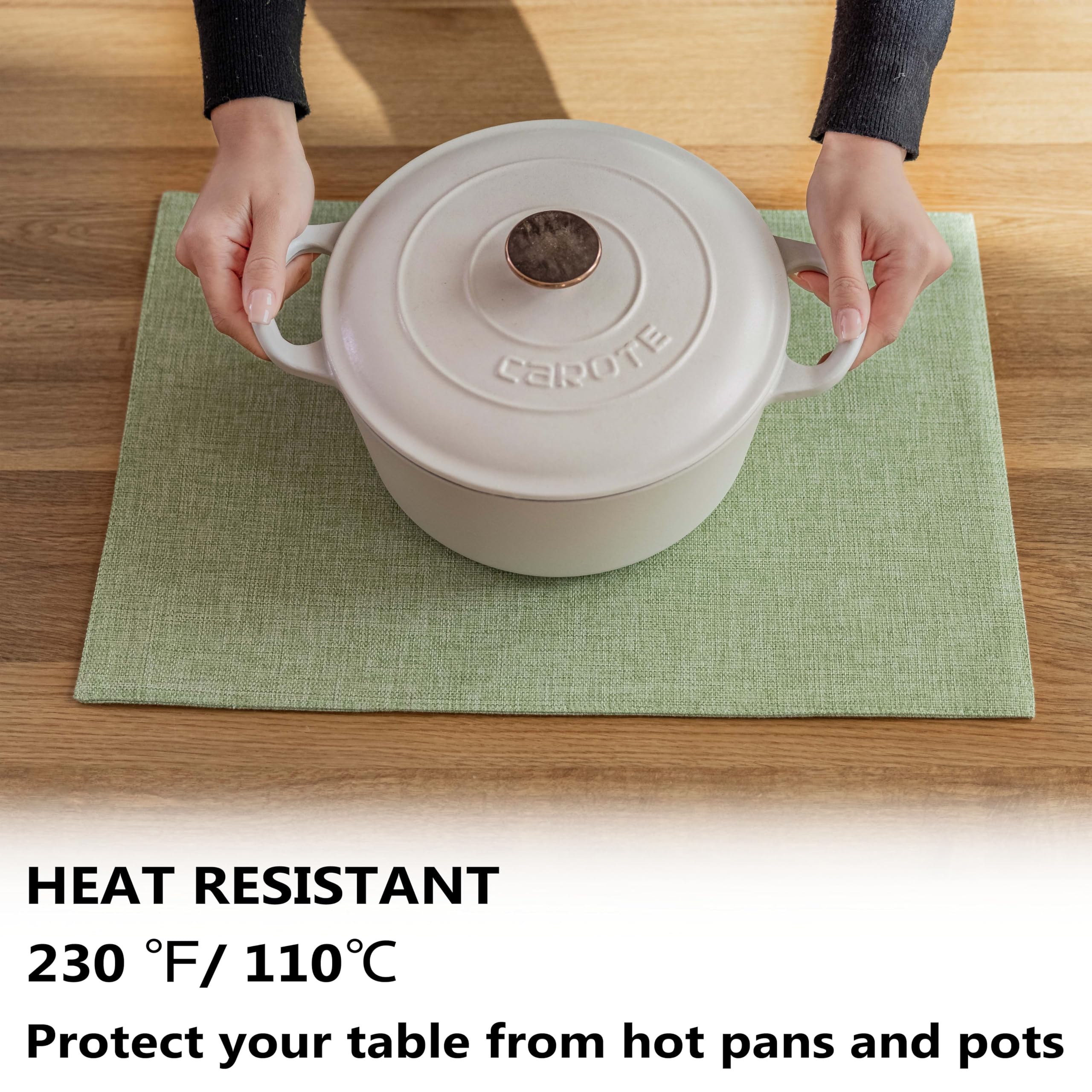 Demetex Green placemats provide heat protection under hot dishes during family dinners.