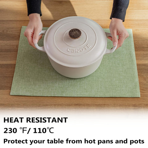 Demetex Green placemats provide heat protection under hot dishes during family dinners.