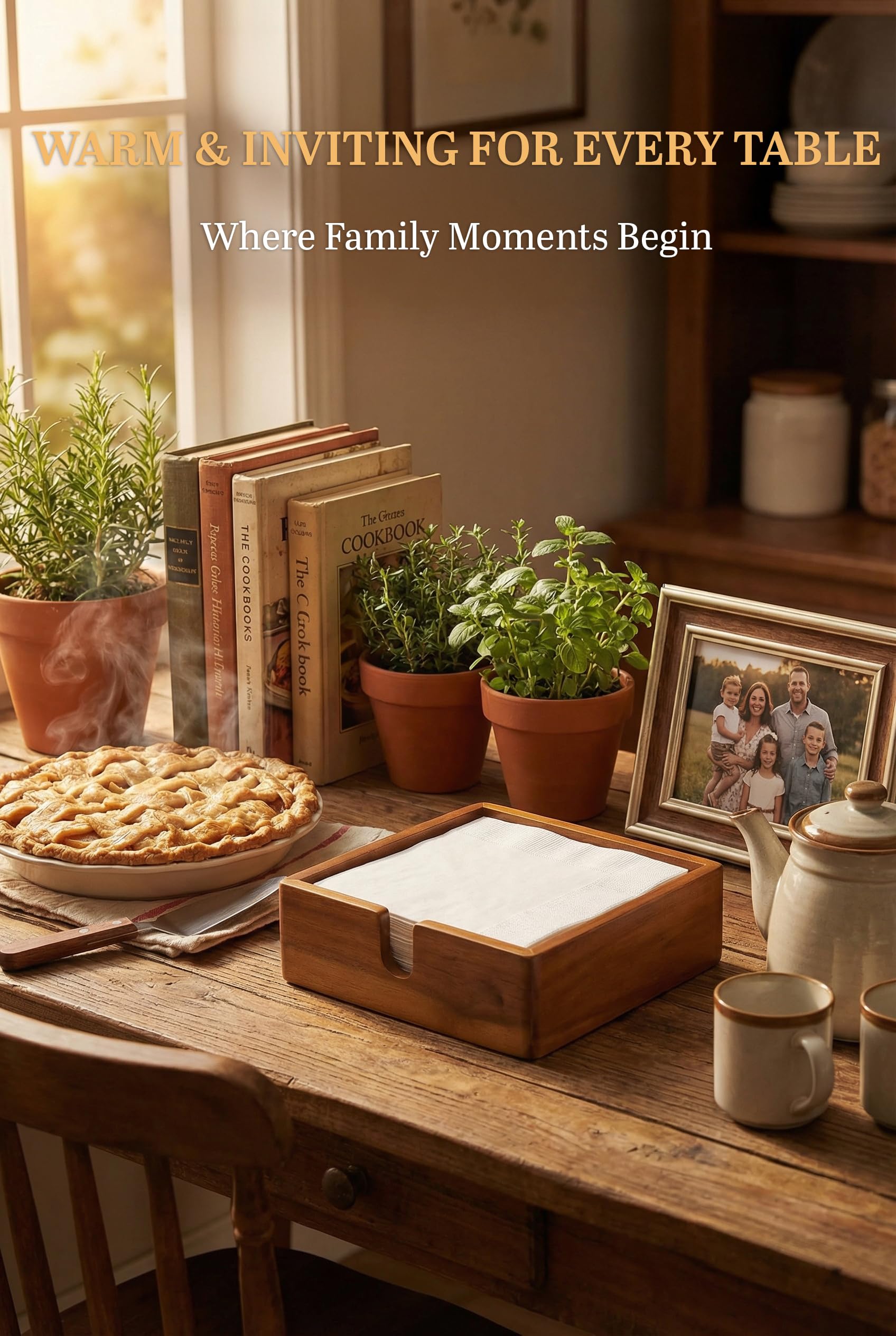 Demigo Acacia napkin holder in use on dining table with beverages