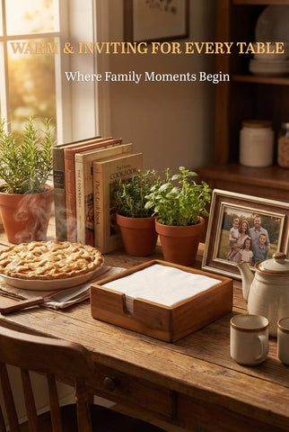 Demigo Acacia napkin holder in use on dining table with beverages