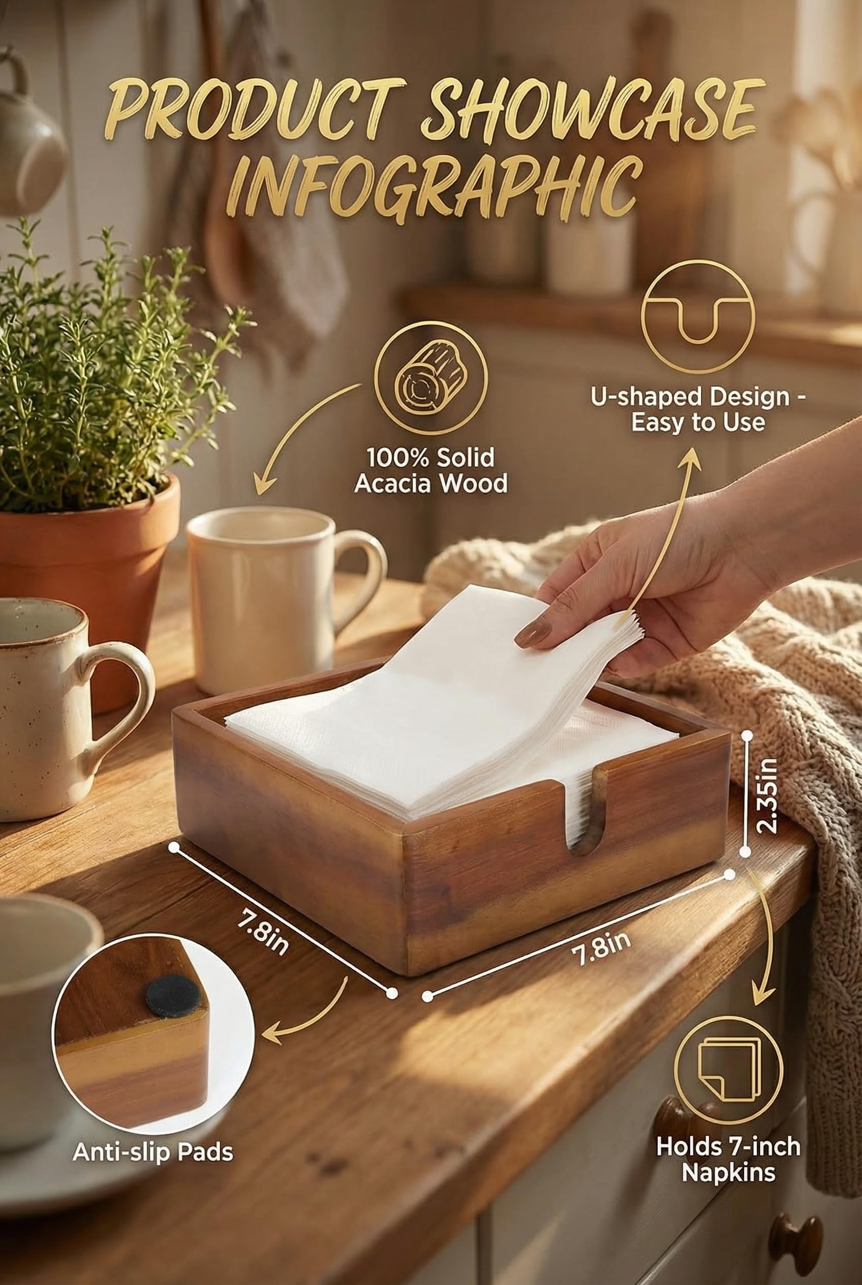 Demigo Acacia napkin holder front detail highlighting easy napkin access