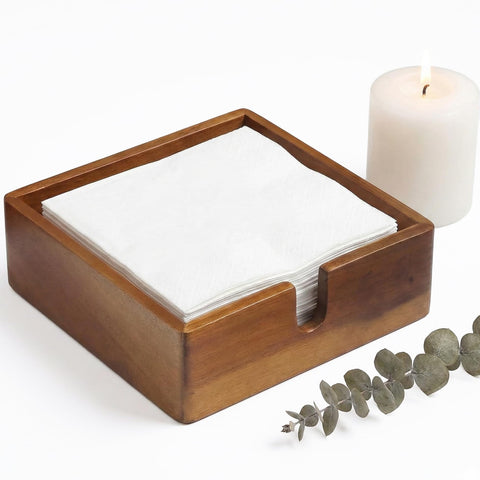 Demigo Acacia napkin holder top view showing compact square design for counters
