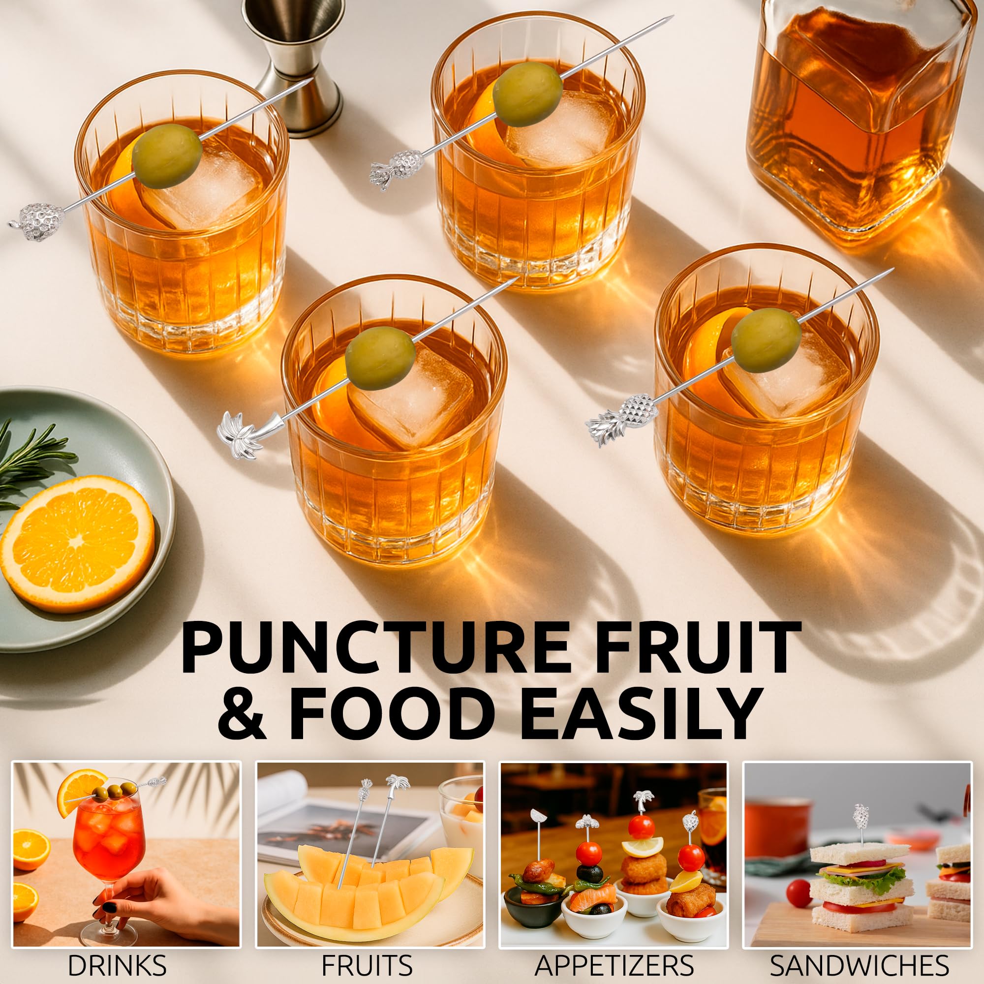 Demigo fruit-shaped picks with lime topper add bright color and simple garnishing.