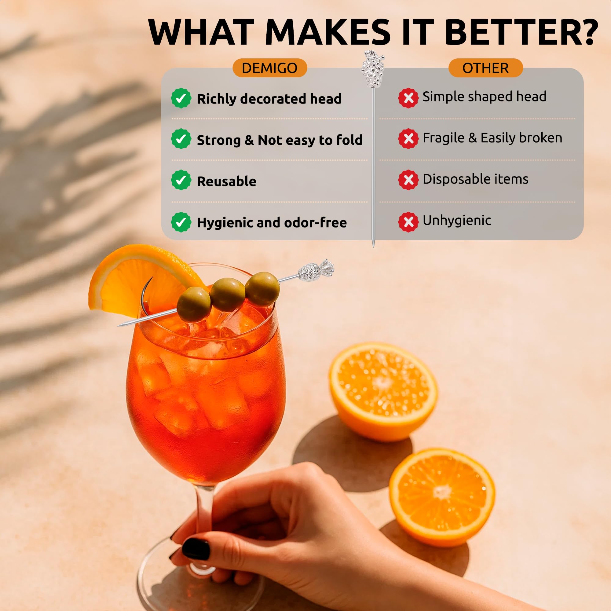Demigo fruit-shaped picks with orange topper pair vibrant style with practical use.