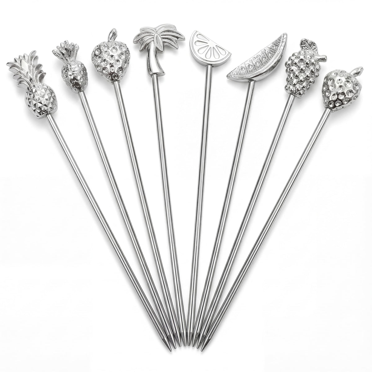 Demigo fruit-shaped picks with pineapple topper for tropical cocktails and garnishes.