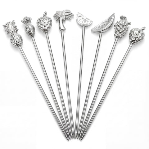 Demigo fruit-shaped picks with pineapple topper for tropical cocktails and garnishes.