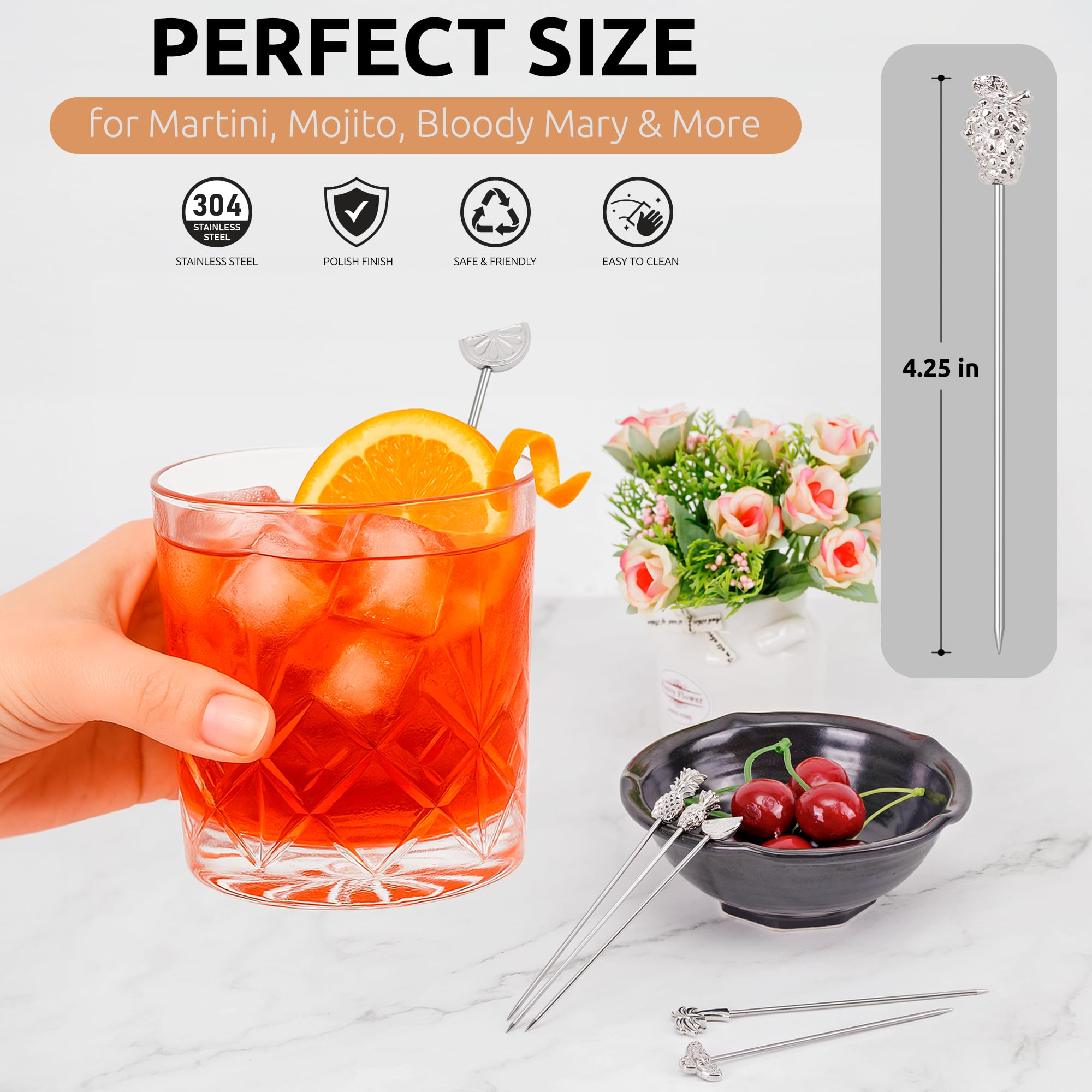 Demigo fruit-shaped picks with strawberry topper elevate drinks and appetizers with playful charm.