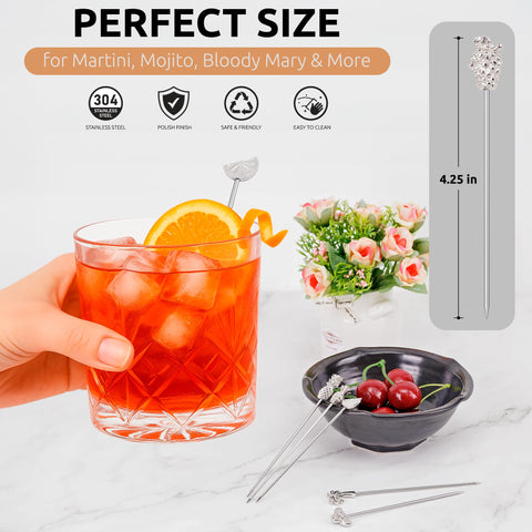 Demigo fruit-shaped picks with strawberry topper elevate drinks and appetizers with playful charm.