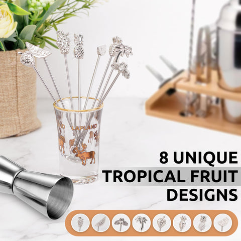 Demigo fruit-shaped picks with watermelon topper secure garnishes in tall glasses.
