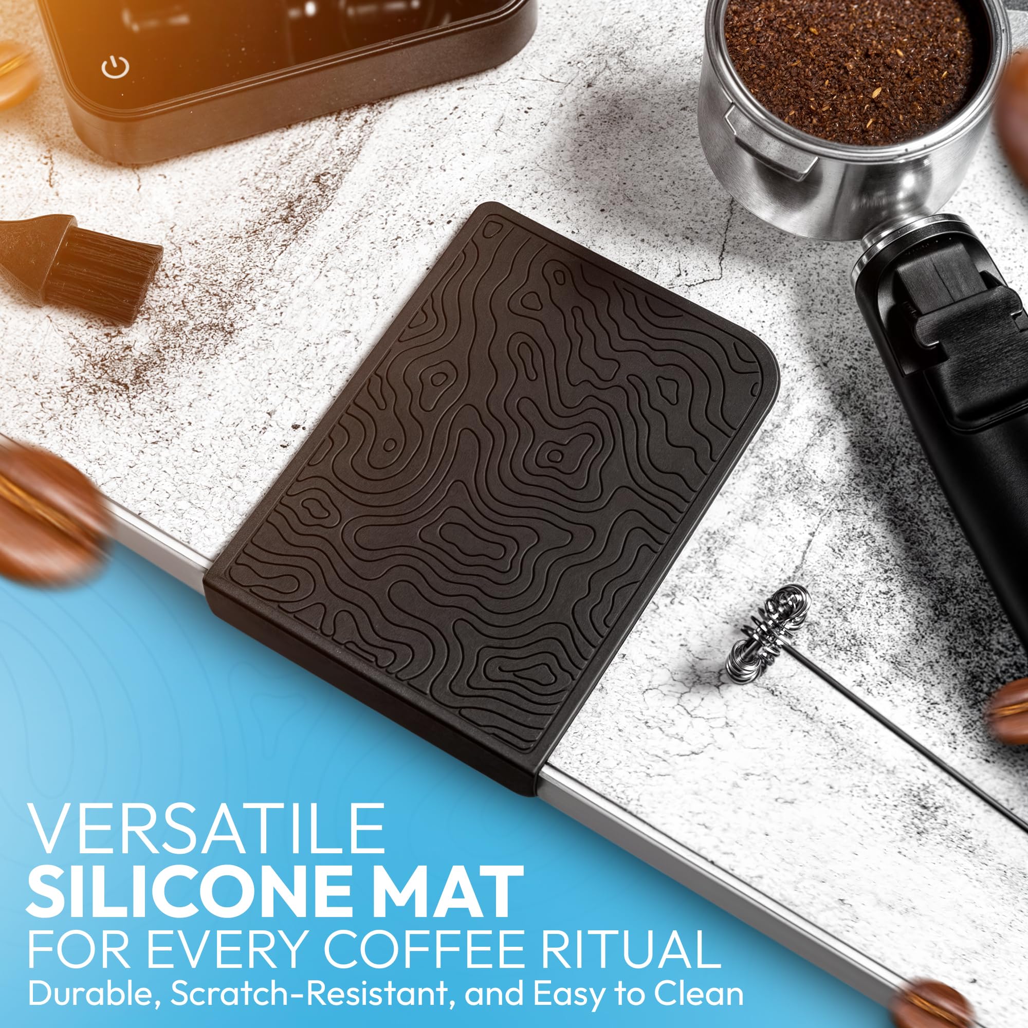 DeNestora compact scale beside espresso setup promises consistent dosing and quick timer checks.