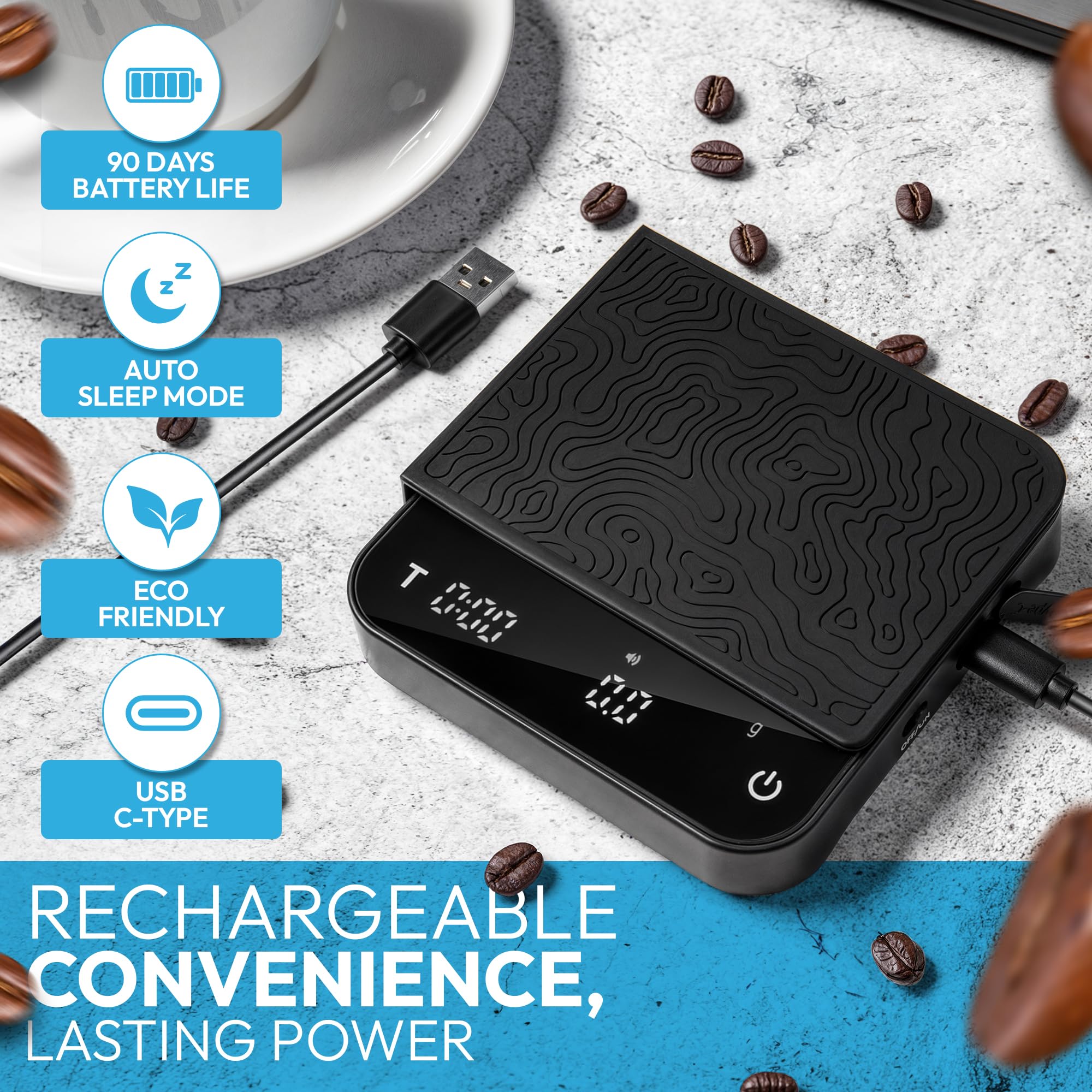 DeNestora portable scale on kitchen counter blends form and function for home brewers.