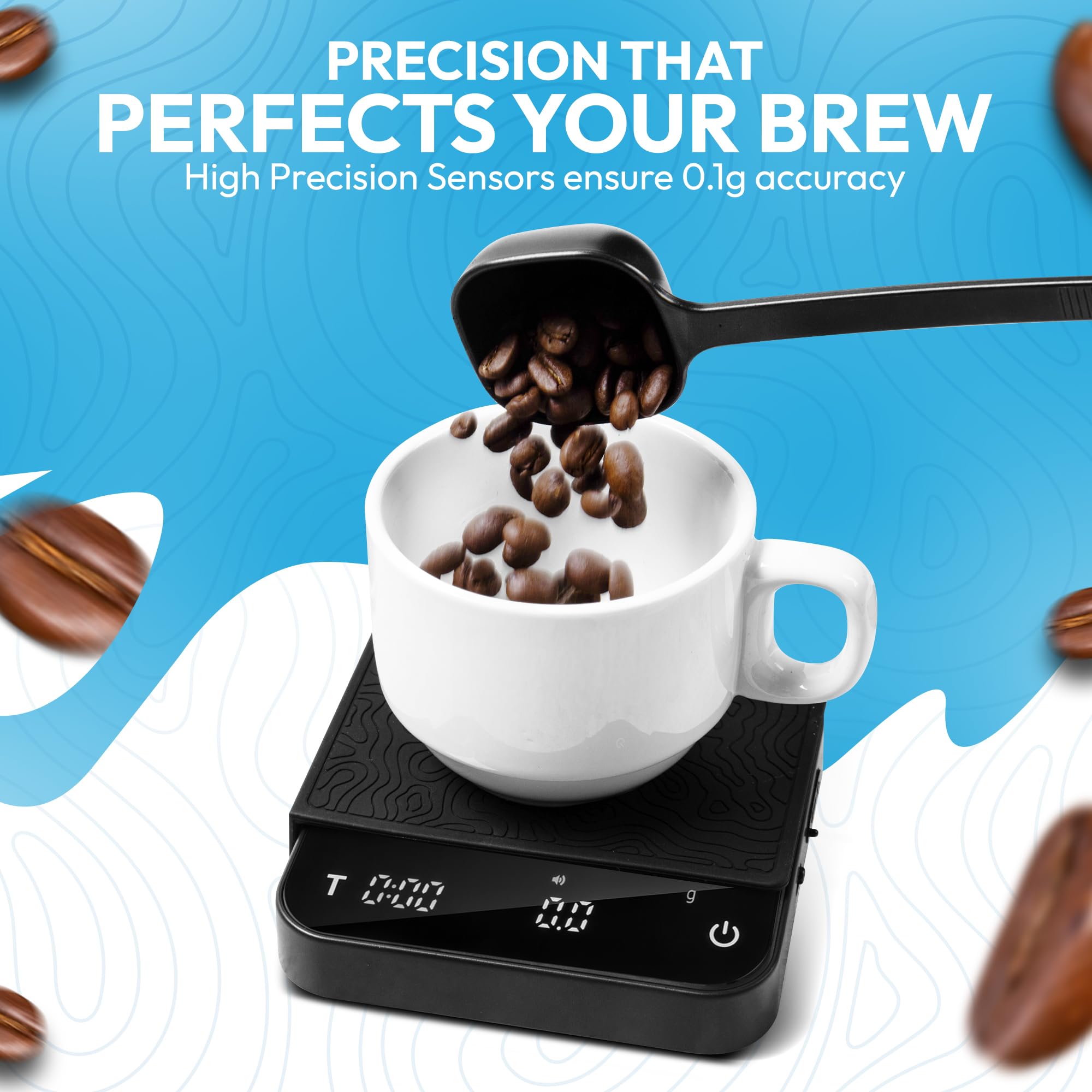 DeNestora mini scale top view shows timer and sleek LED display for precise brewing.