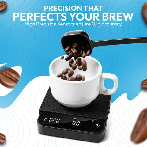 DeNestora mini scale top view shows timer and sleek LED display for precise brewing.