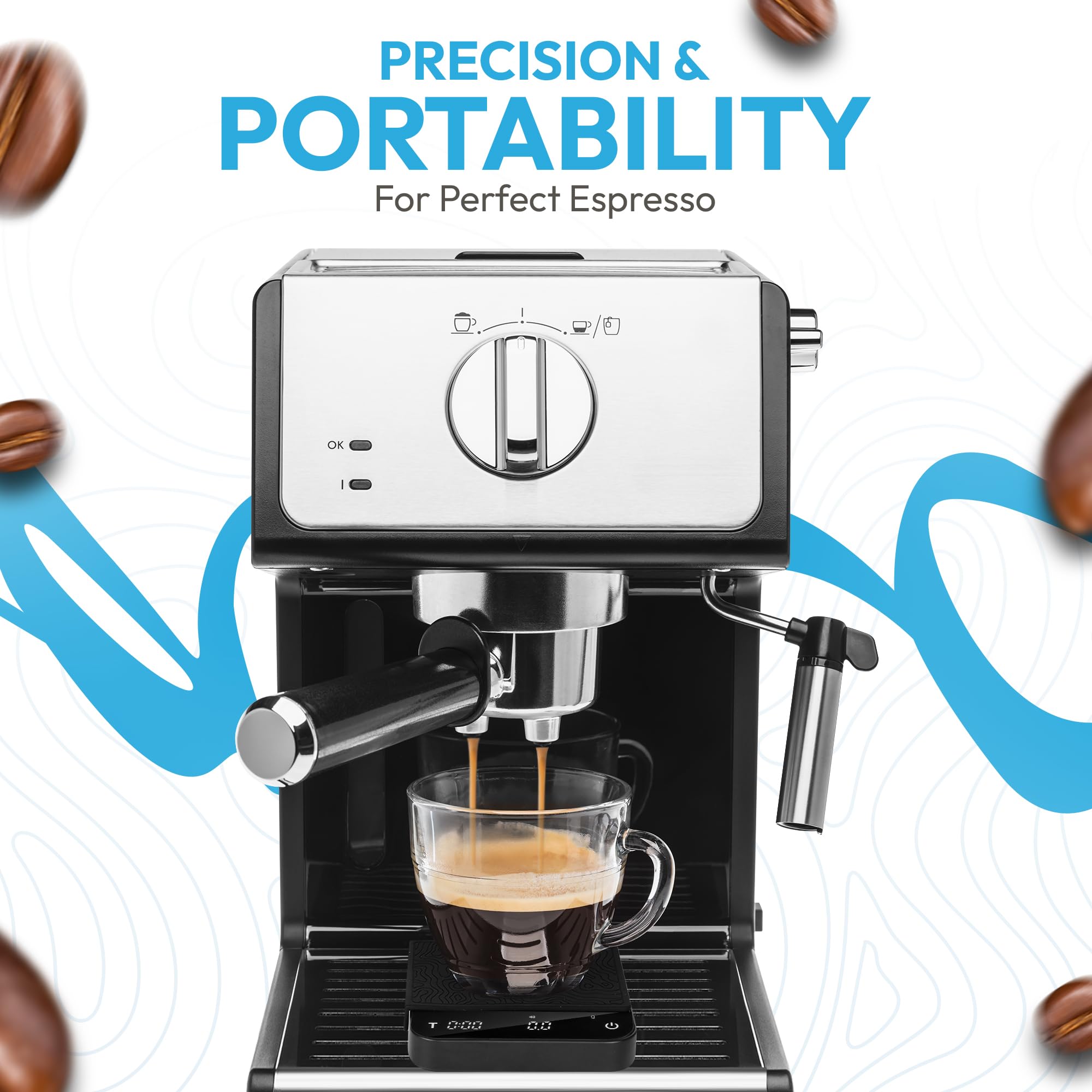 DeNestora scale with USB-C port shows rechargeable battery for on-the-go brewing.