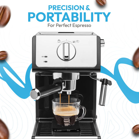 DeNestora scale with USB-C port shows rechargeable battery for on-the-go brewing.