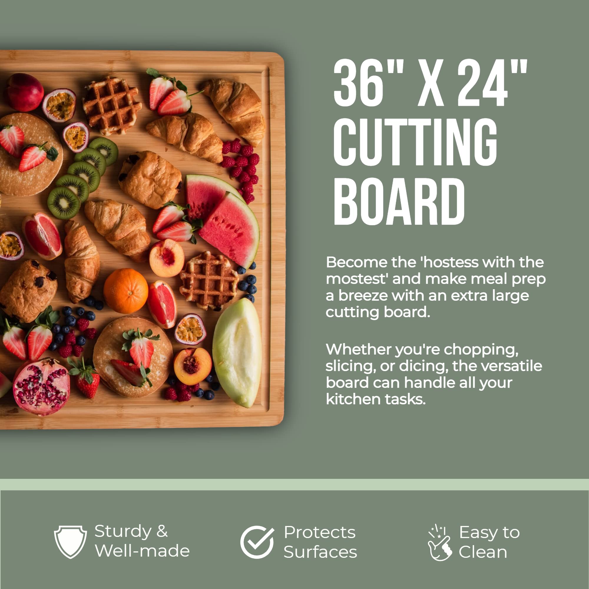 Denoffi gigantic 36x24 cutting board showcasing charcuterie spread readiness.