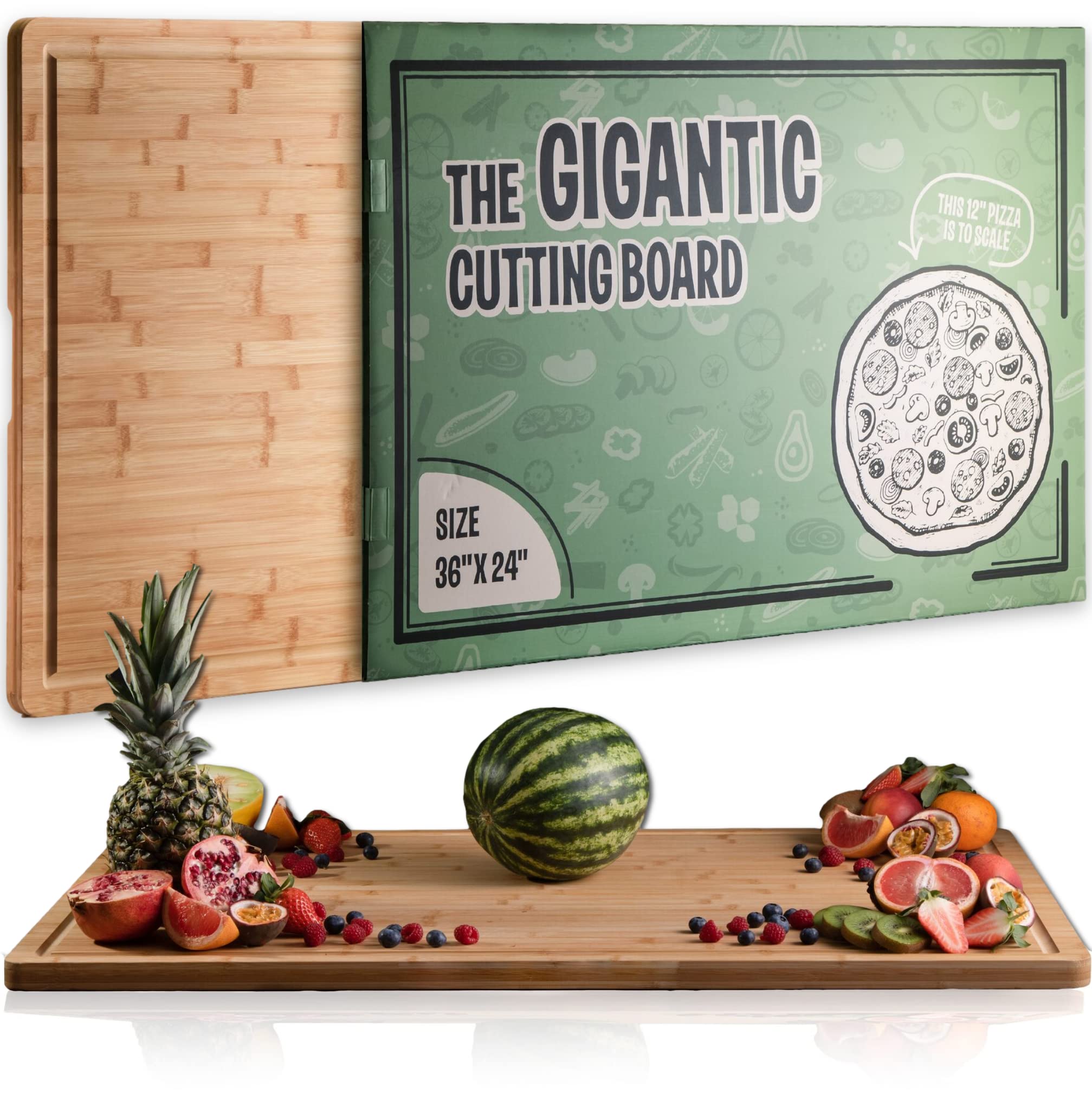 Denoffi gigantic 36x24 cutting board with meat-juice grooves for mess-free prep.