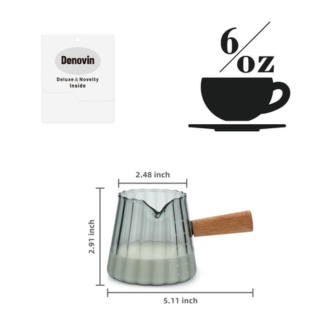 Denovin wood-handle milk creamer pitcher offers comfortable grip during use.