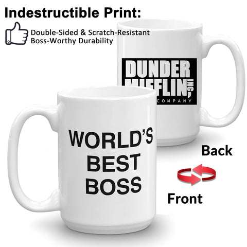 Deoqash World's Best Boss Mug back view, double-sided print for left- and right-handed use.