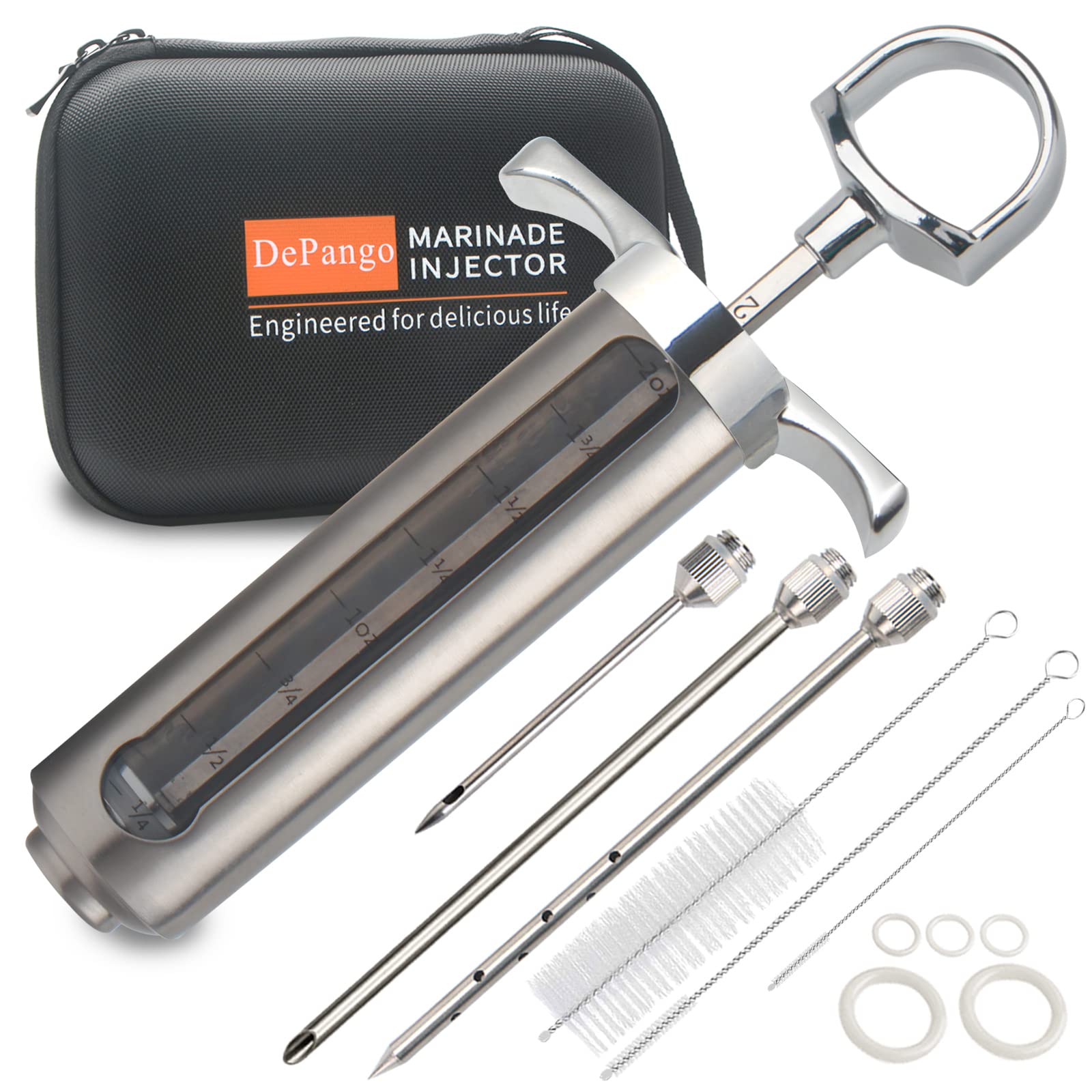 Depango meat injector with 2oz window for precise marinade dosing.