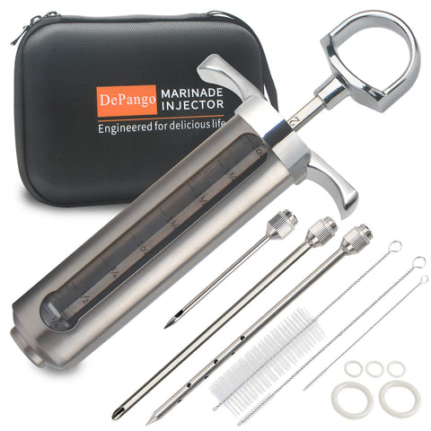 Depango meat injector with 2oz window for precise marinade dosing.