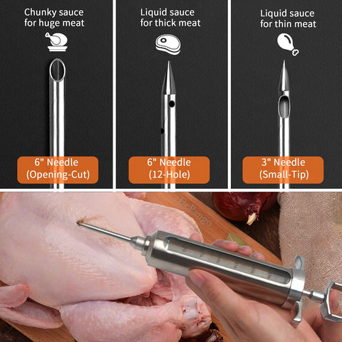 Depango injector with 6in 12-hole needle for even marinade spread.