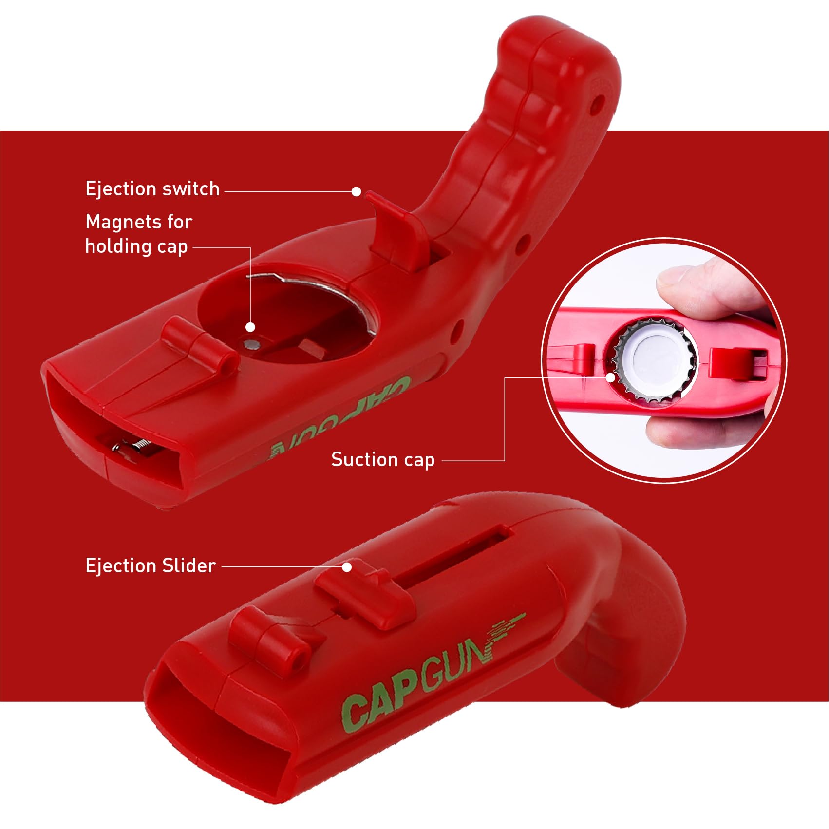 Dervyxious cap gun bottle opener with ergonomic grip delivers comfortable, smooth opening.