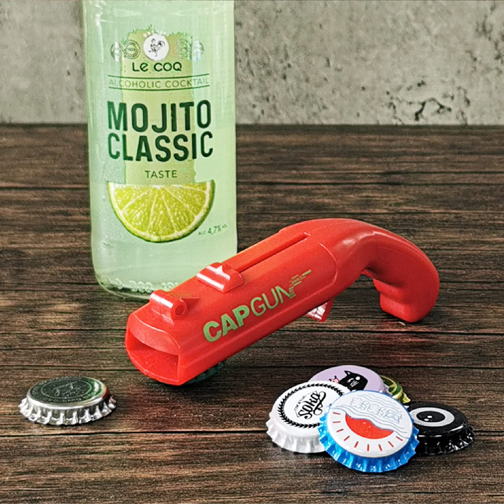 Dervyxious cap gun bottle opener emphasizes safety-first design for responsible enjoyment.