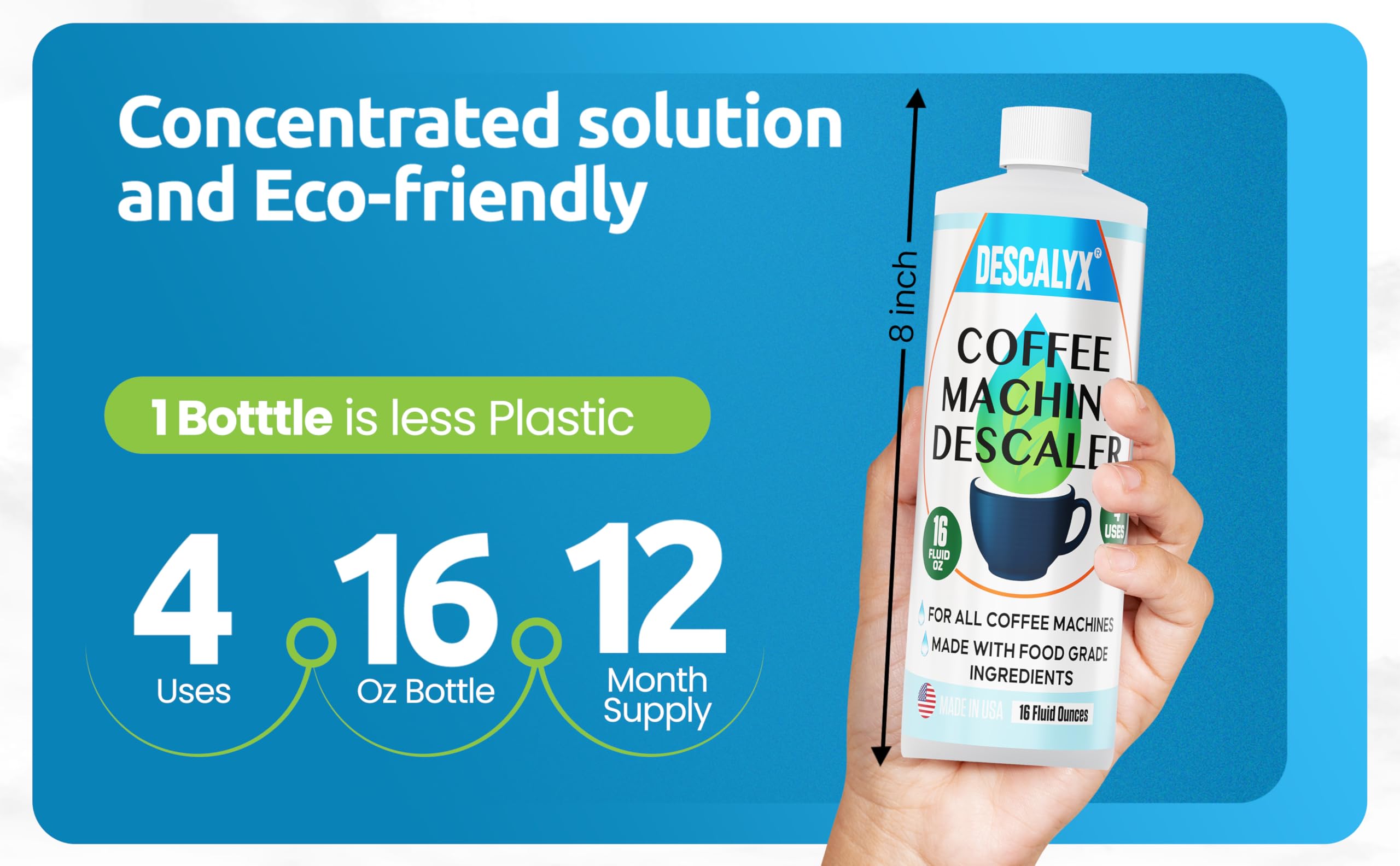 Descalyx descaler beside Breville espresso machine for smooth brewing.