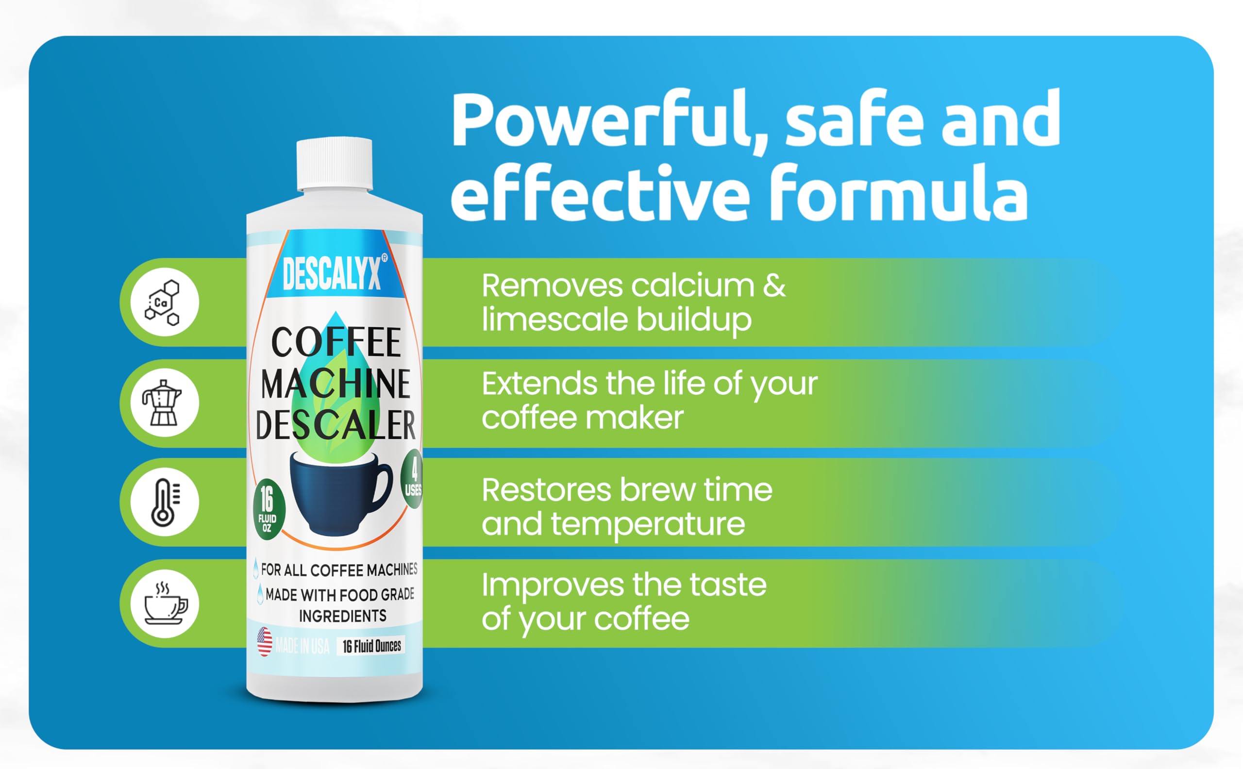 Descalyx descaler bottle with clear measurement marks for dosing.