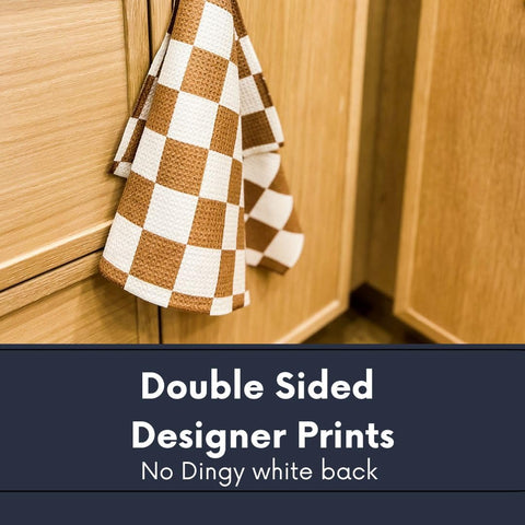 Desert Aqua designer prints on towels add modern kitchen style.