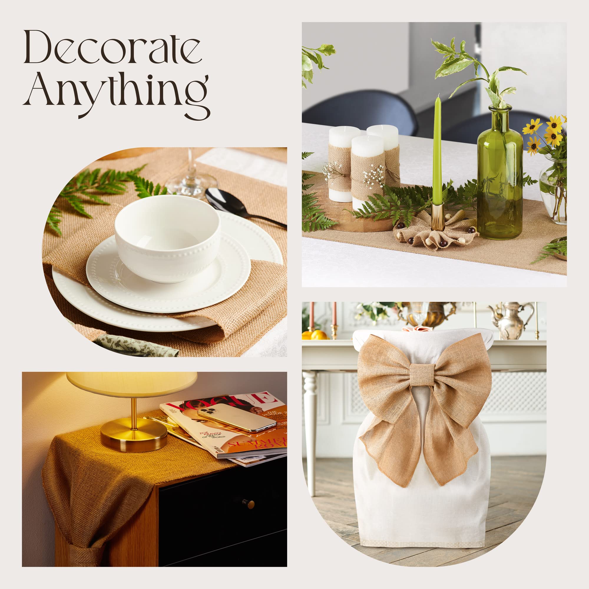 Designer Burlap table runner long roll detail for customizable table styling.